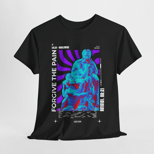 Vibrant Men's T-Shirt Design: "FORGIVE THE PAIN" with Classic Sculpture Artistry