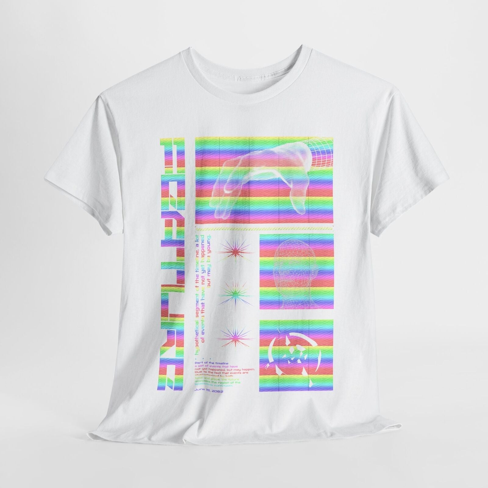 Vibrant Rainbow T-Shirt Design: Futuristic Time Travel Art for Trendsetters!