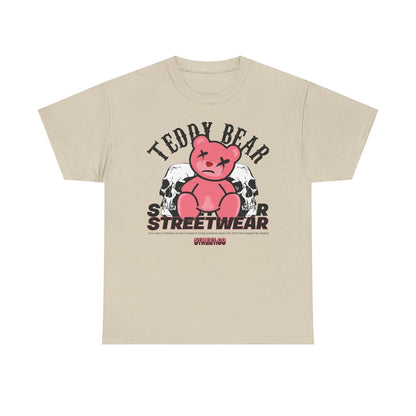 Men's Graphic T-Shirt: Distressed Pink Teddy Bear Between Skulls Streetwear Vibe