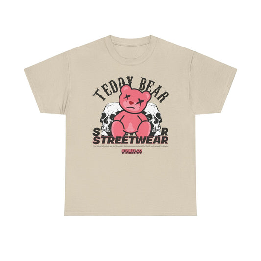 Men's Graphic T-Shirt: Distressed Pink Teddy Bear Between Skulls Streetwear Vibe