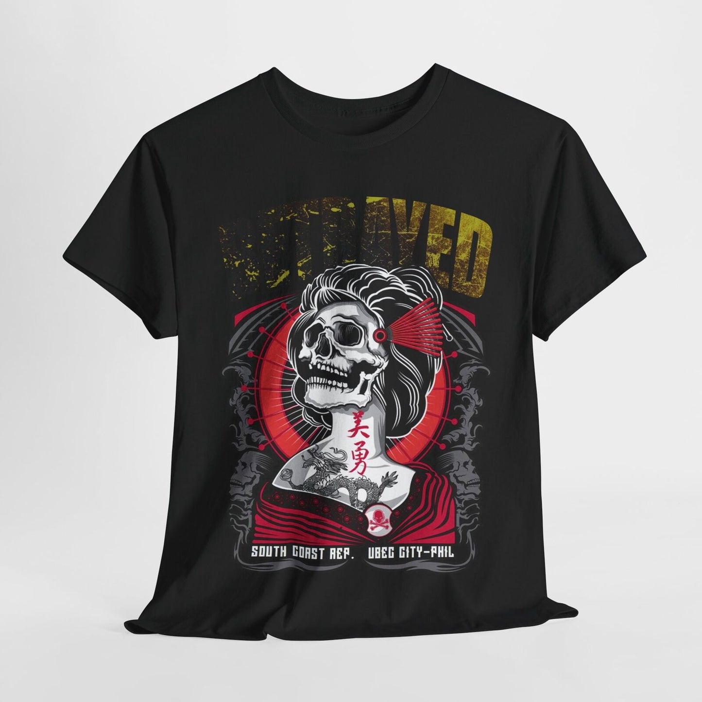 Stylish Men's T-Shirt Featuring Bold Skull Geisha with Dragon and Betrayed Text