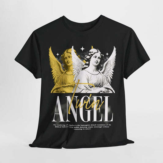 Stylish Mens T-Shirt with Twin ANGEL Graphic Design - Elegant Gold & Black Wings