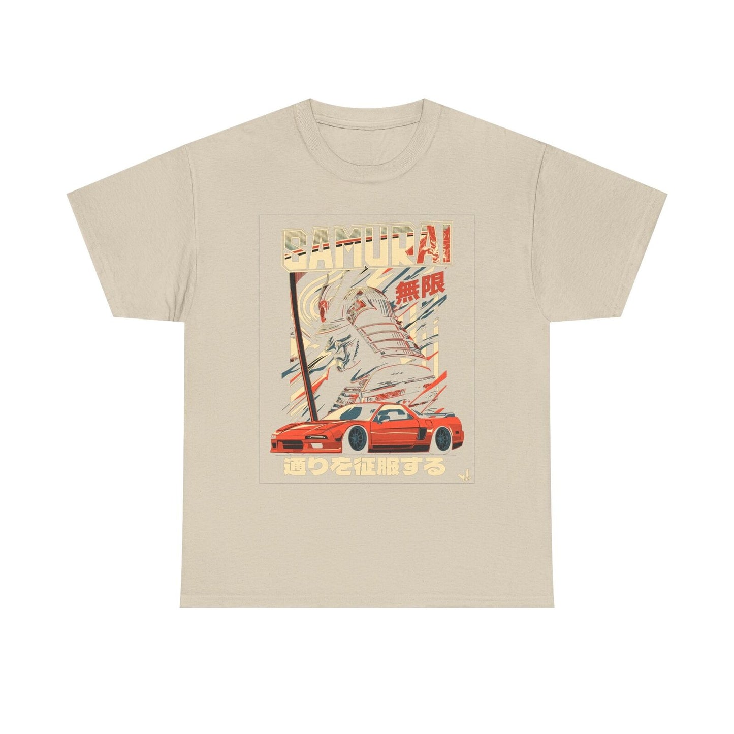 Epic Samurai Warrior Graphic T-Shirt with Nissan Skyline - Bold, Colorful Style!