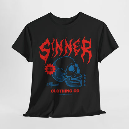 Mens T-Shirt with Bold Sinner Design Skull Graphic, Limited Edition Clothing Co.