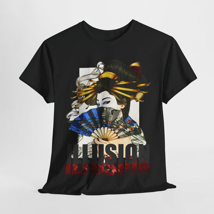 "Men's T-Shirt with Artistic Geisha Design: Vibrant, Mysterious Illusion Print"
