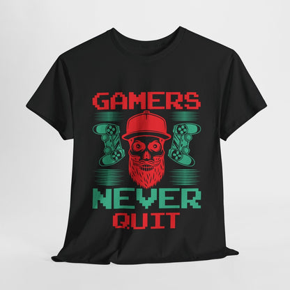 "Funny Motivational Gamer Men's T-Shirt: 'GAMERS NEVER QUIT' Graphic Design"
