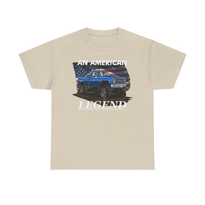 An American Legend T-Shirt: Vintage Lifted Truck & Patriotic Flag Design