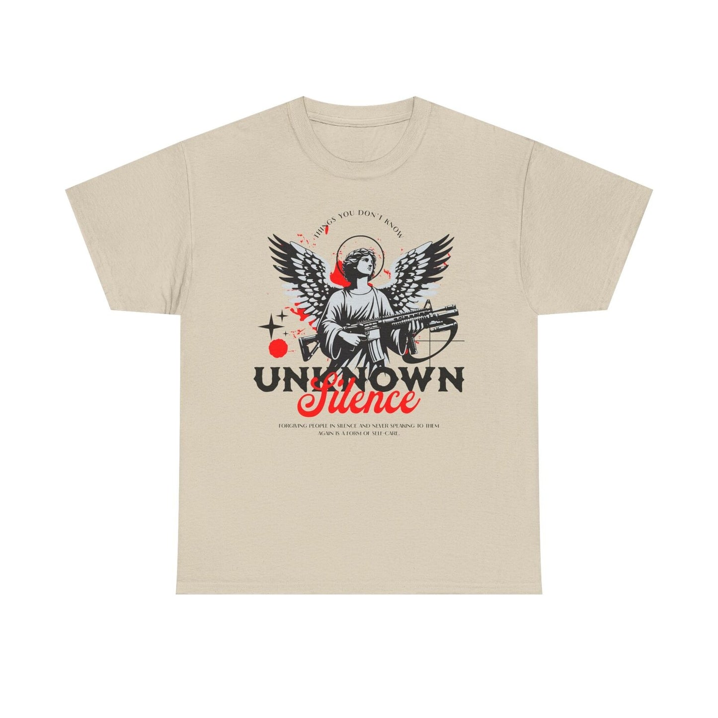 Stylized Angel Men's T-Shirt: Graphic Art with "UNKNOWN SILENCE" Self-Care Quote