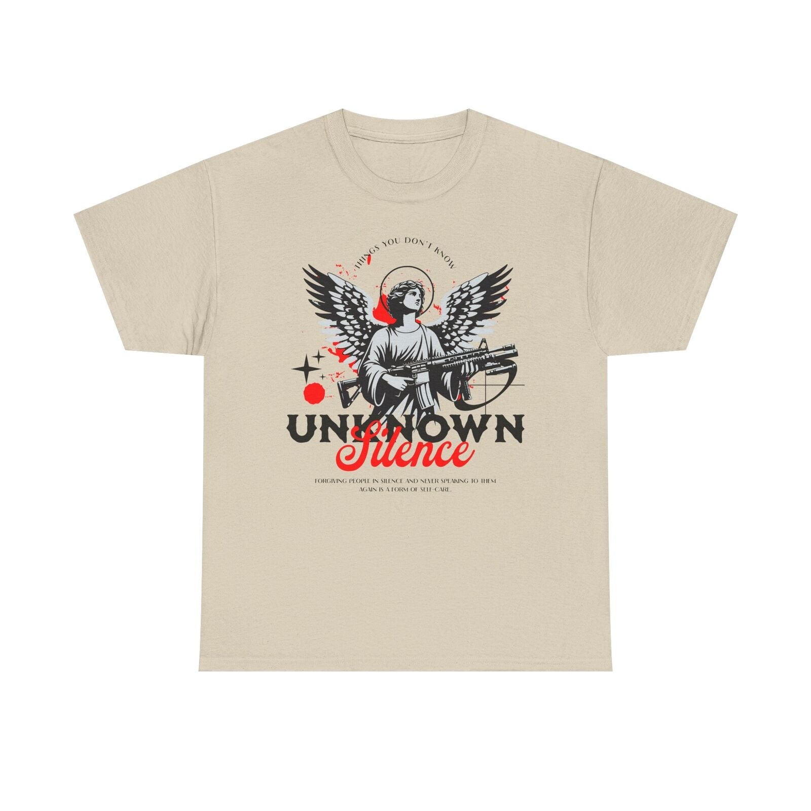 Stylized Angel Men's T-Shirt: Graphic Art with "UNKNOWN SILENCE" Self-Care Quote