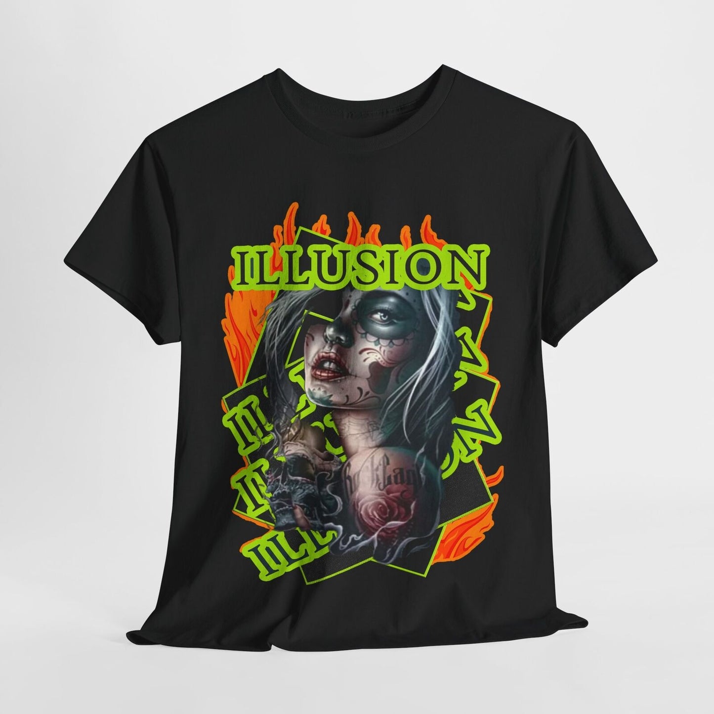 Dazzling Men's T-Shirt: Bold ILLUSION Graphic with Flames & Sugar Skull Design