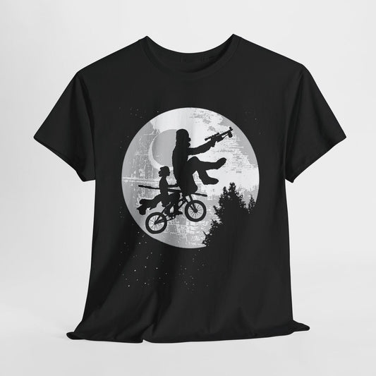Epic Star Wars T-Shirt: Chewbacca & Leia Bike Ride Silhouette Against Death Star