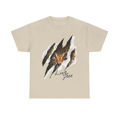 "Live Free Men's T-Shirt: Fierce Leopard Design with Unique Claw Marks Detail"
