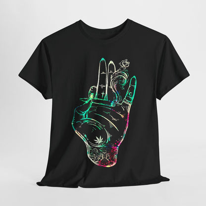 Vibrant Men's T-Shirt Tattoo-Style Hand Holding Joint and Psychedelic Designs