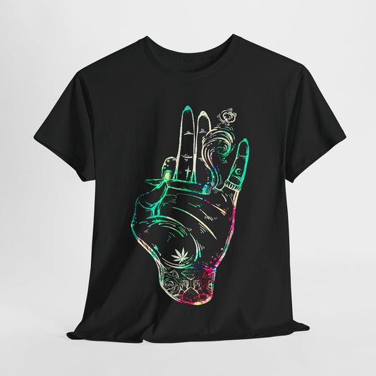 Vibrant Men's T-Shirt Tattoo-Style Hand Holding Joint and Psychedelic Designs