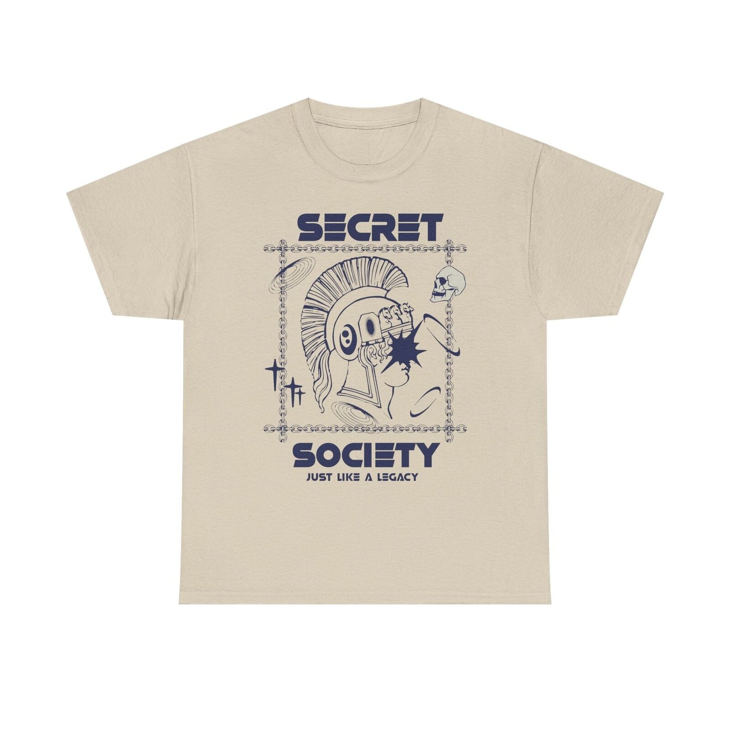 Men's T-Shirt with Bold Futuristic Mohawk Figure, Skull & 'Secret Society' Text