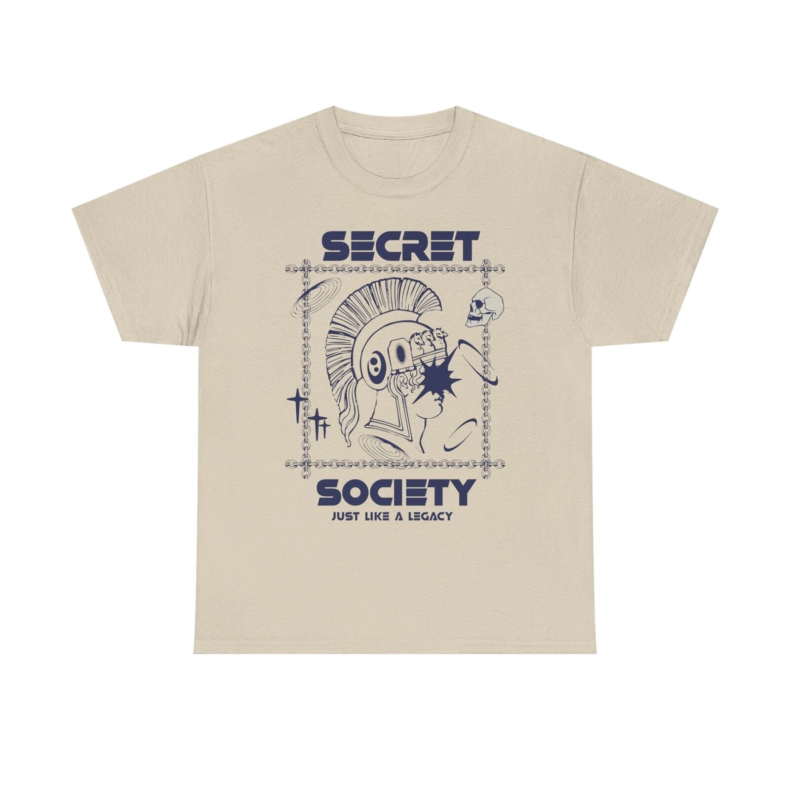 Men's T-Shirt with Bold Futuristic Mohawk Figure, Skull & 'Secret Society' Text