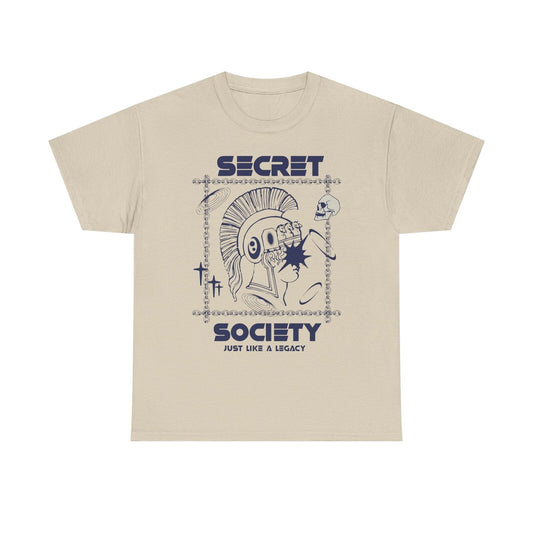 Men's T-Shirt with Bold Futuristic Mohawk Figure, Skull & 'Secret Society' Text