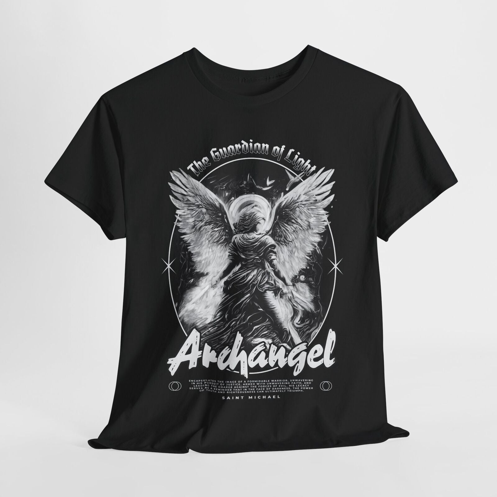 Men's T-Shirt Greyscale Archangel Michael Design - Guardian of Light Graphic Tee