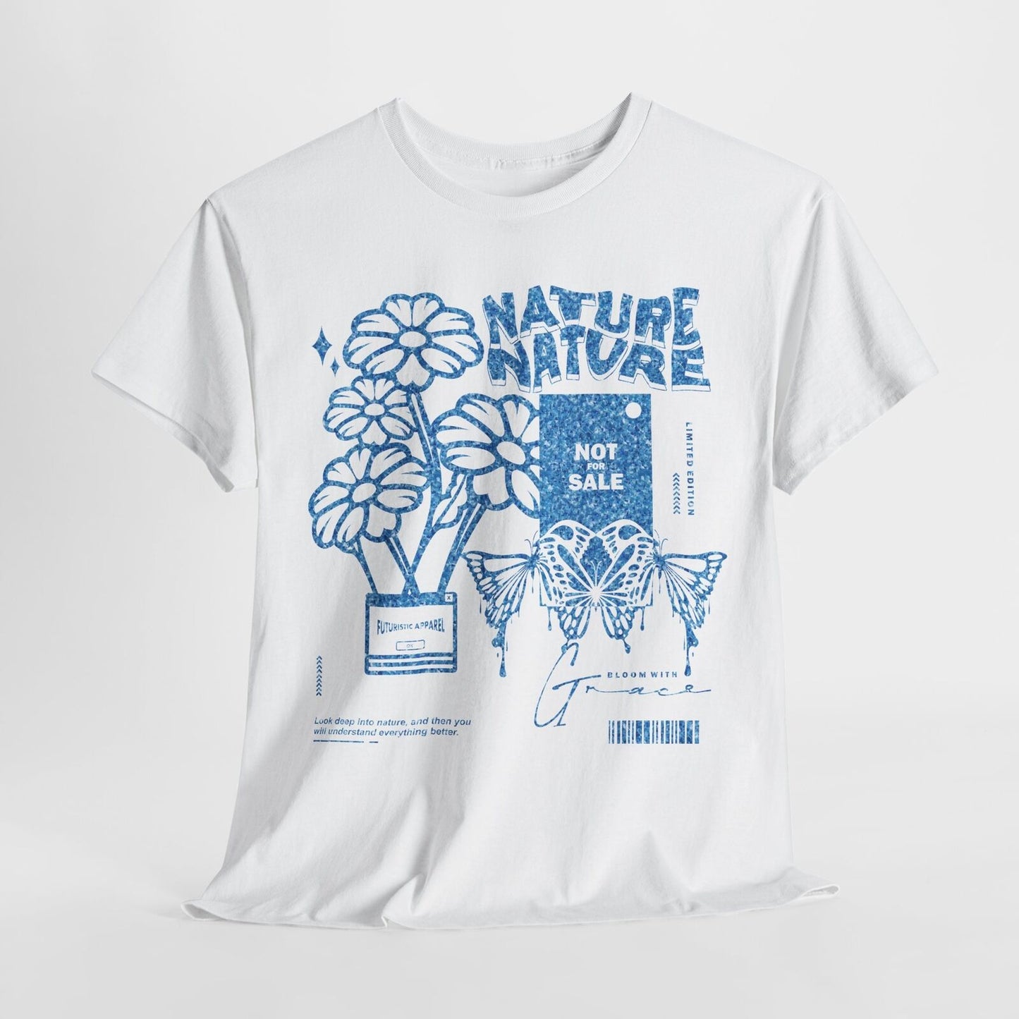 Nature Not For Sale Glittery T-Shirt - Futuristic Apparel with Floral Butterfly