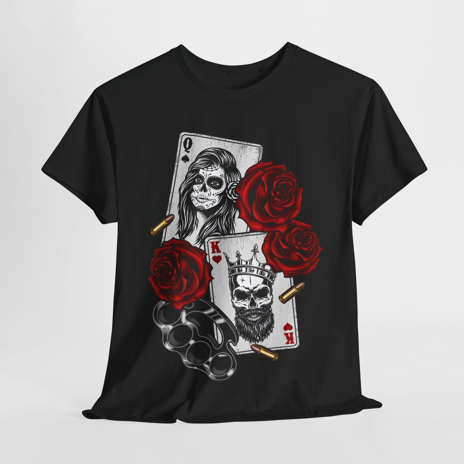 Men's T-Shirt with Bold Skull Playing Cards, Roses & Street Art Inspired Design