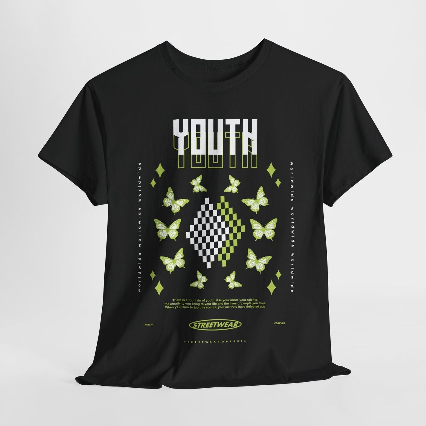 Youth Inspired Graphic T-Shirt Design with Red Butterflies, Checkerboard Quotes