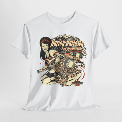 Vintage Harley-Davidson T-Shirt: Bold Pin-Up Design with Engine & Wings Flair!