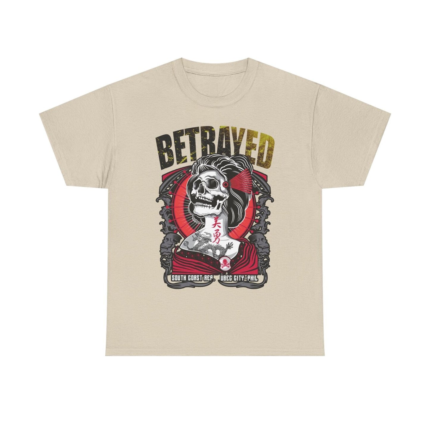 Stylish Men's T-Shirt Featuring Bold Skull Geisha with Dragon and Betrayed Text