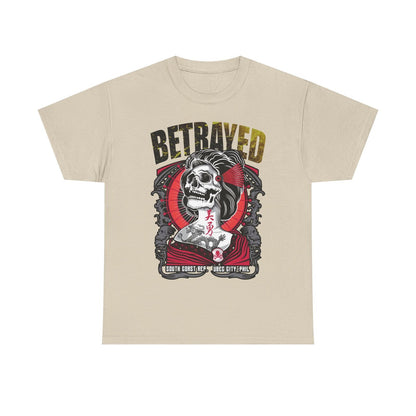 Stylish Men's T-Shirt Featuring Bold Skull Geisha with Dragon and Betrayed Text