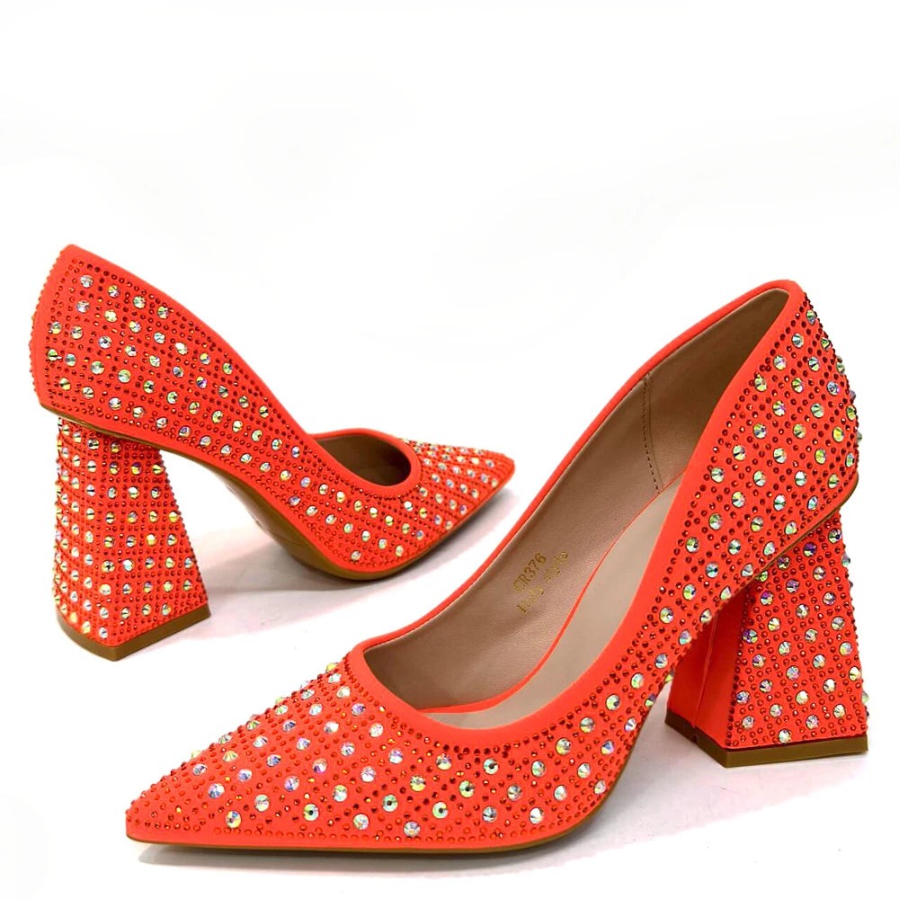 Close-up view of the elegant yellow rhinestone detailing on luxury women's slingback pump, highlighting its stunning design for special events.