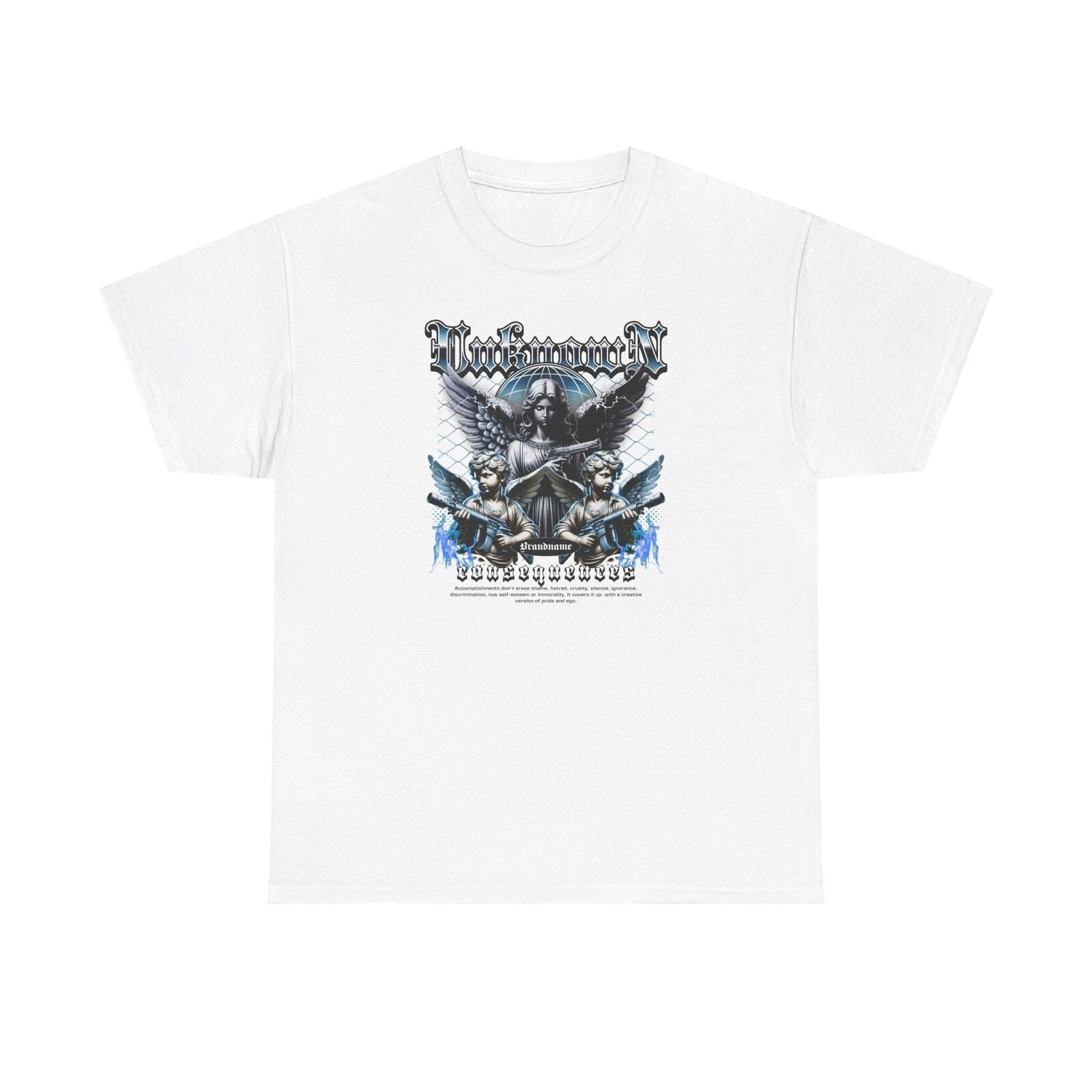 Stylish Men's T-Shirt with Cherubs Holding Guns - Bold "Consequences" Graphic