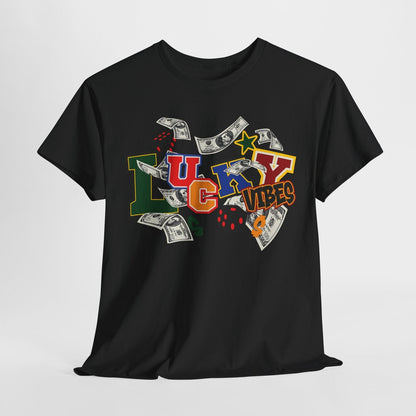 LUCKY VIBES T-Shirt: Bold Graphic Design with Colorful Dollar Bills & Dice Art