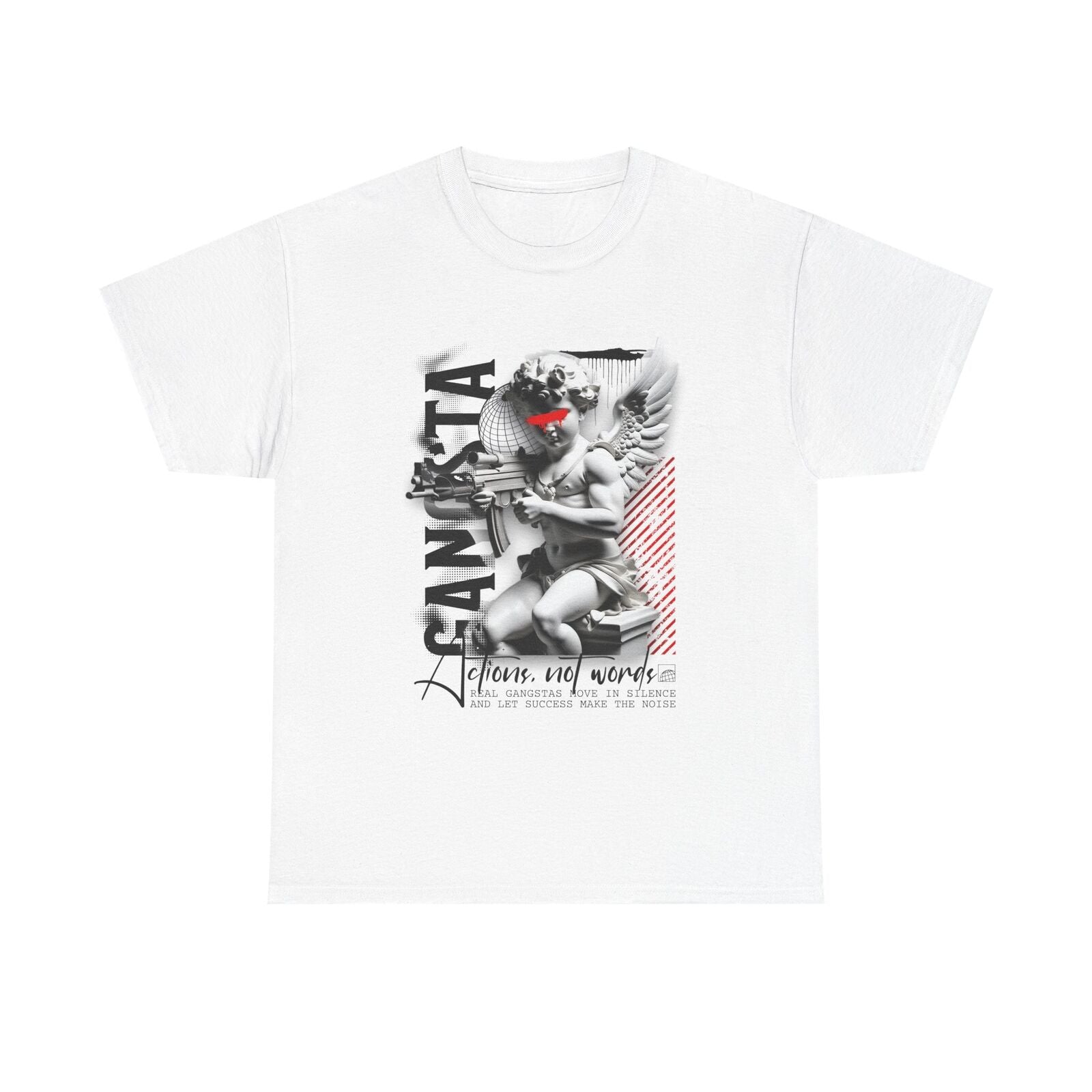 Stylish Mens T-Shirt Featuring Cherubic Figure with Gun Urban Art Bold Statement