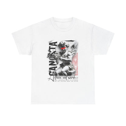 Stylish Mens T-Shirt Featuring Cherubic Figure with Gun Urban Art Bold Statement