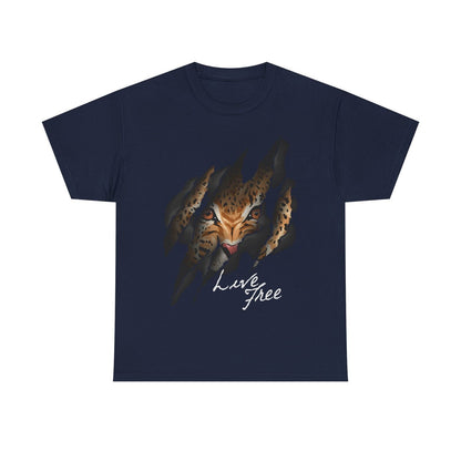 "Live Free Men's T-Shirt: Fierce Leopard Design with Unique Claw Marks Detail"