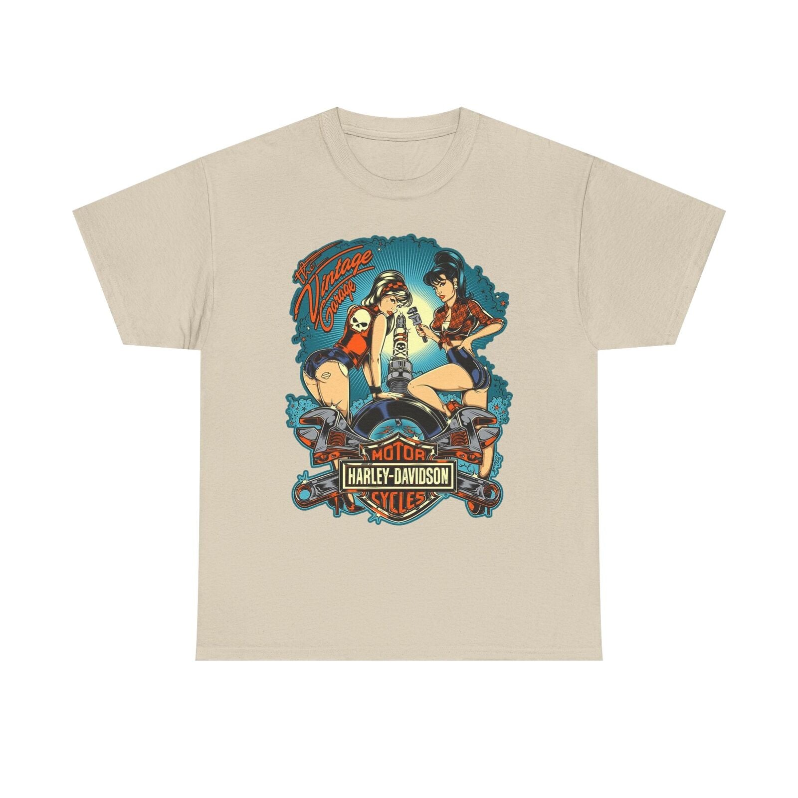 Retro Pin-Up T-Shirt: Garage Glamour with Motorcycle Mechanics & Harley Spirit!