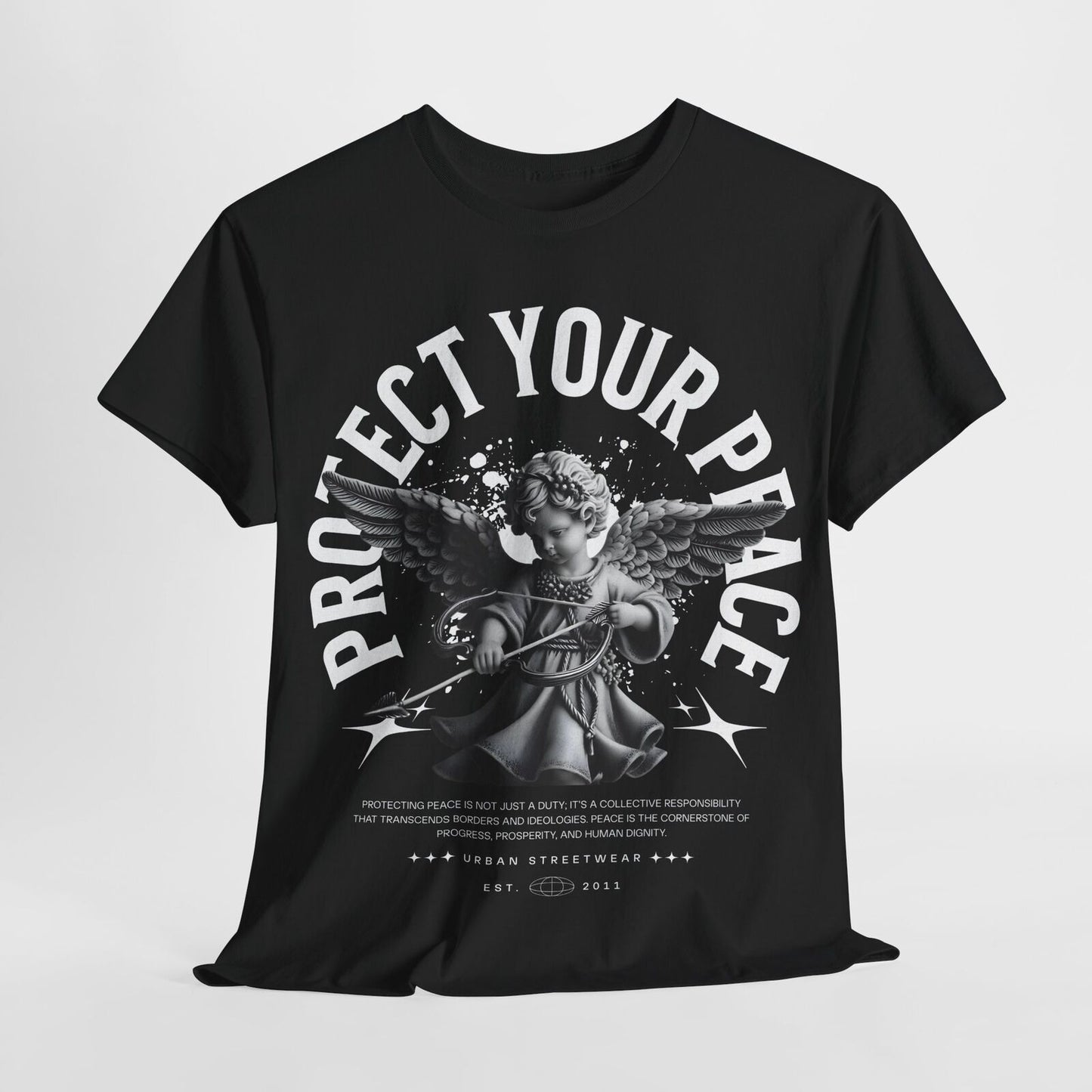 Bold Urban Mens T-Shirt: Protect Your Peace Graphic Design with Cherubic Angel