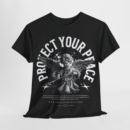 Bold Urban Mens T-Shirt: Protect Your Peace Graphic Design with Cherubic Angel
