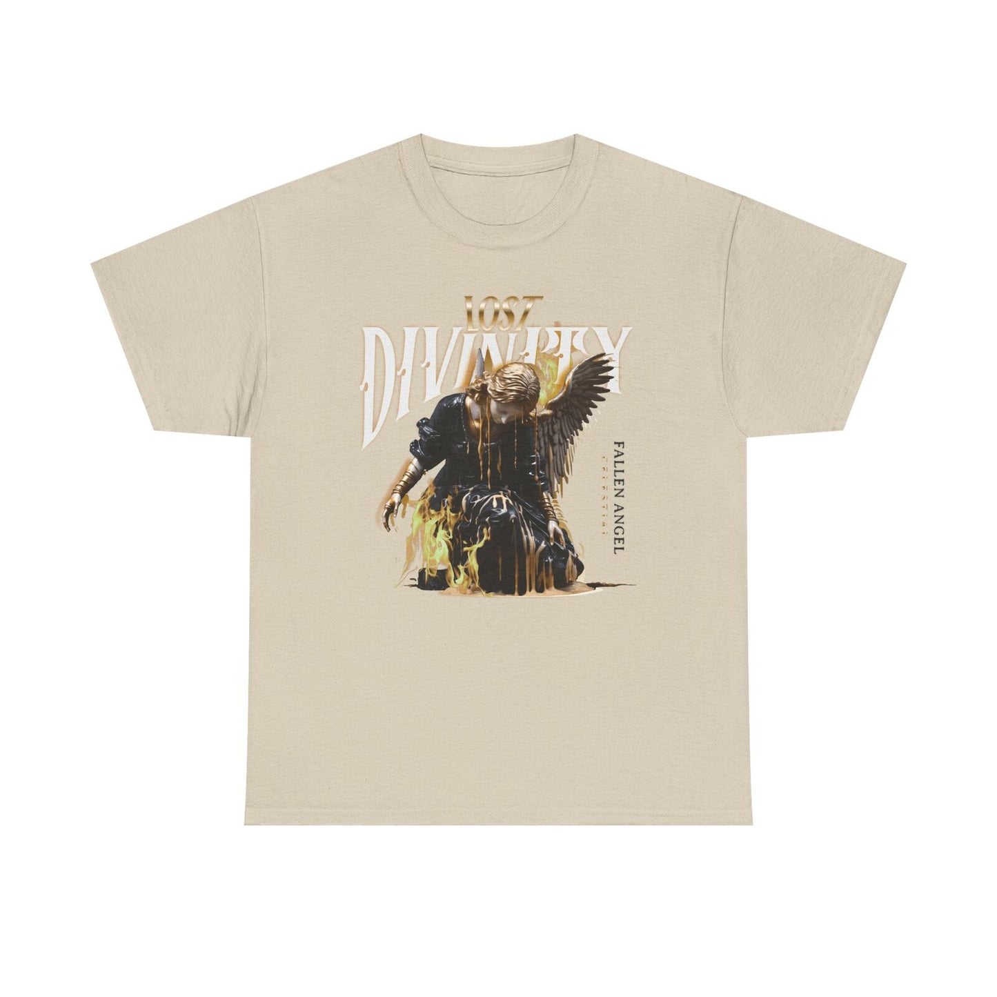 Stylized Men's T-Shirt: Lost Divinity Fallen Angel Design with Golden Accents