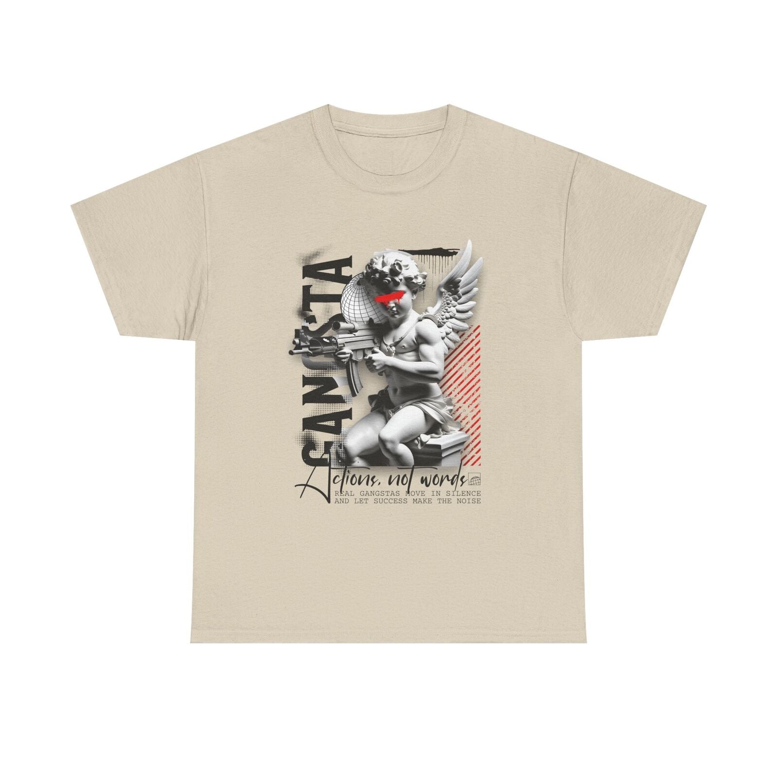 Stylish Mens T-Shirt Featuring Cherubic Figure with Gun Urban Art Bold Statement