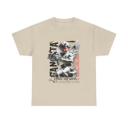 Stylish Mens T-Shirt Featuring Cherubic Figure with Gun Urban Art Bold Statement