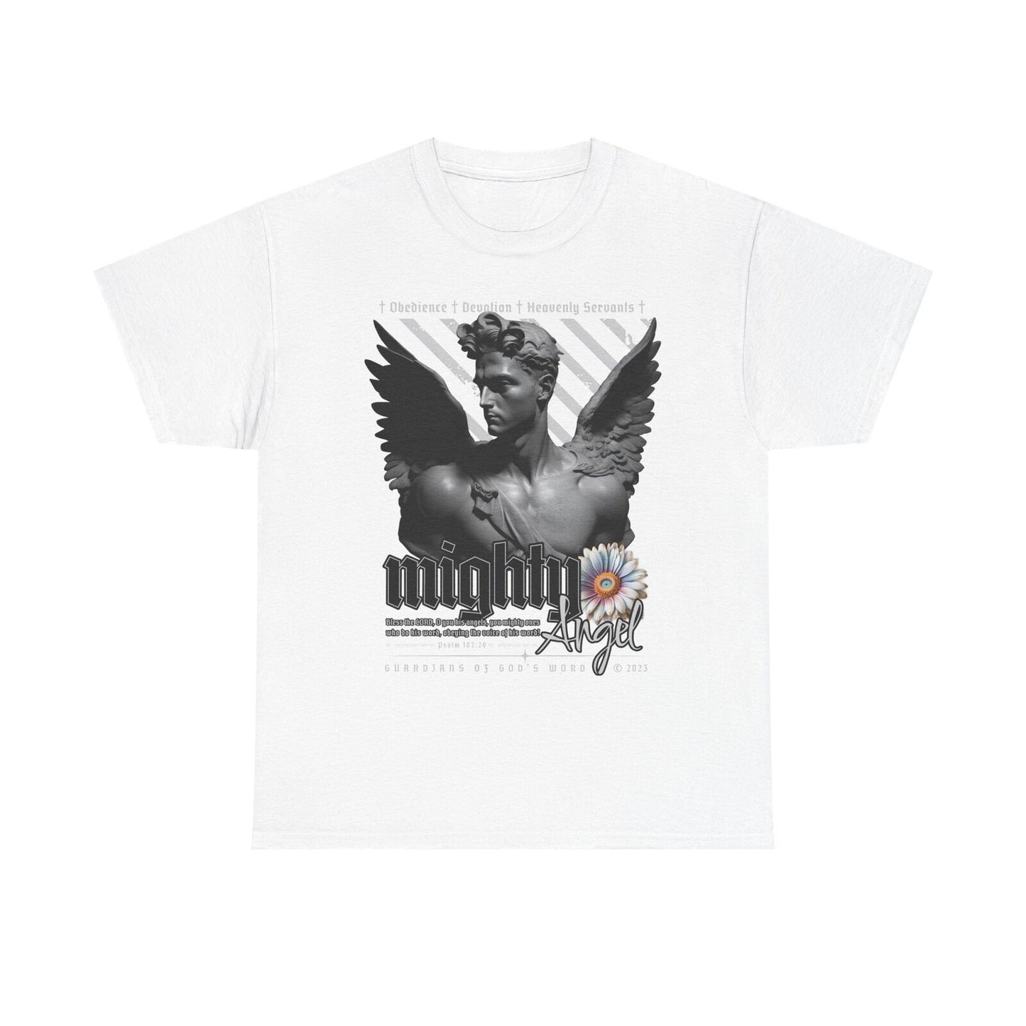 Mighty Angel Men's T-Shirt Grayscale Graphic Design with Inspirational Verse Art