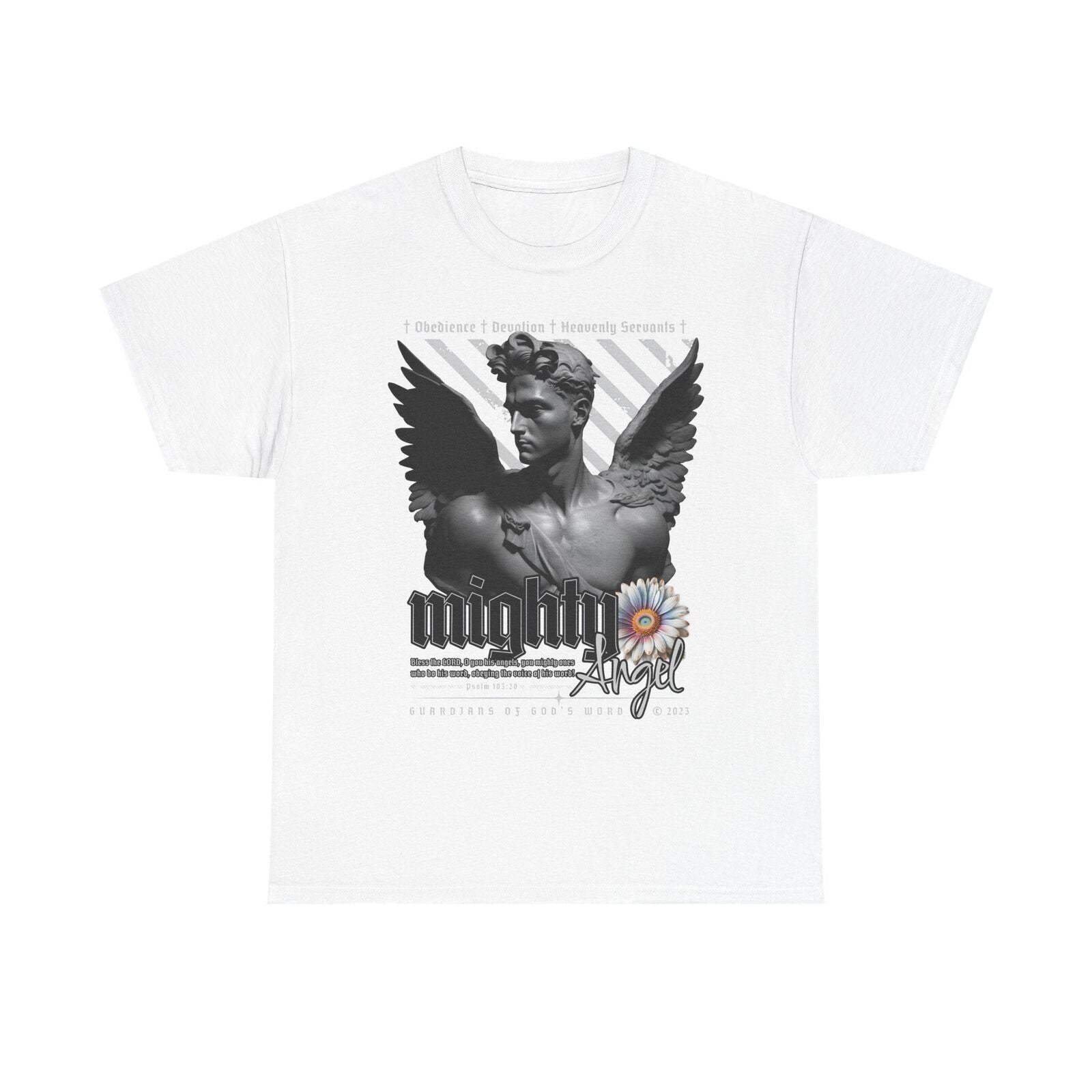 Mighty Angel Men's T-Shirt Grayscale Graphic Design with Inspirational Verse Art