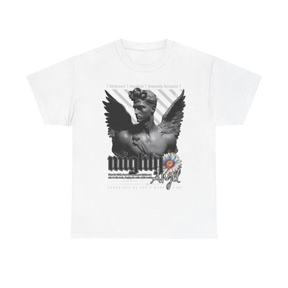 Mighty Angel Men's T-Shirt Grayscale Graphic Design with Inspirational Verse Art