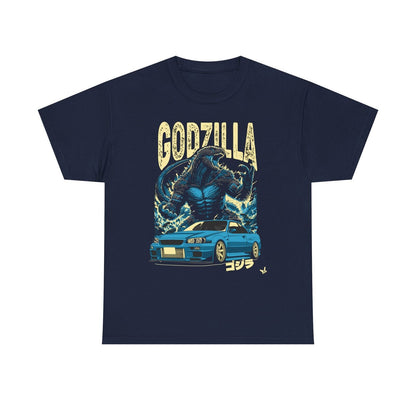 Epic Godzilla & Nissan Skyline R34 T-Shirt: Bold Graphic Japanese Culture Design