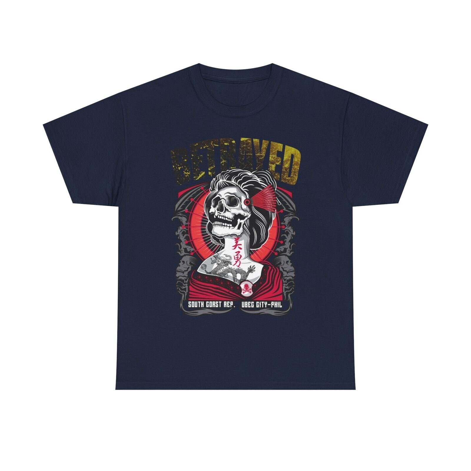 Stylish Men's T-Shirt Featuring Bold Skull Geisha with Dragon and Betrayed Text