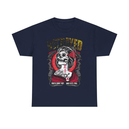 Stylish Men's T-Shirt Featuring Bold Skull Geisha with Dragon and Betrayed Text