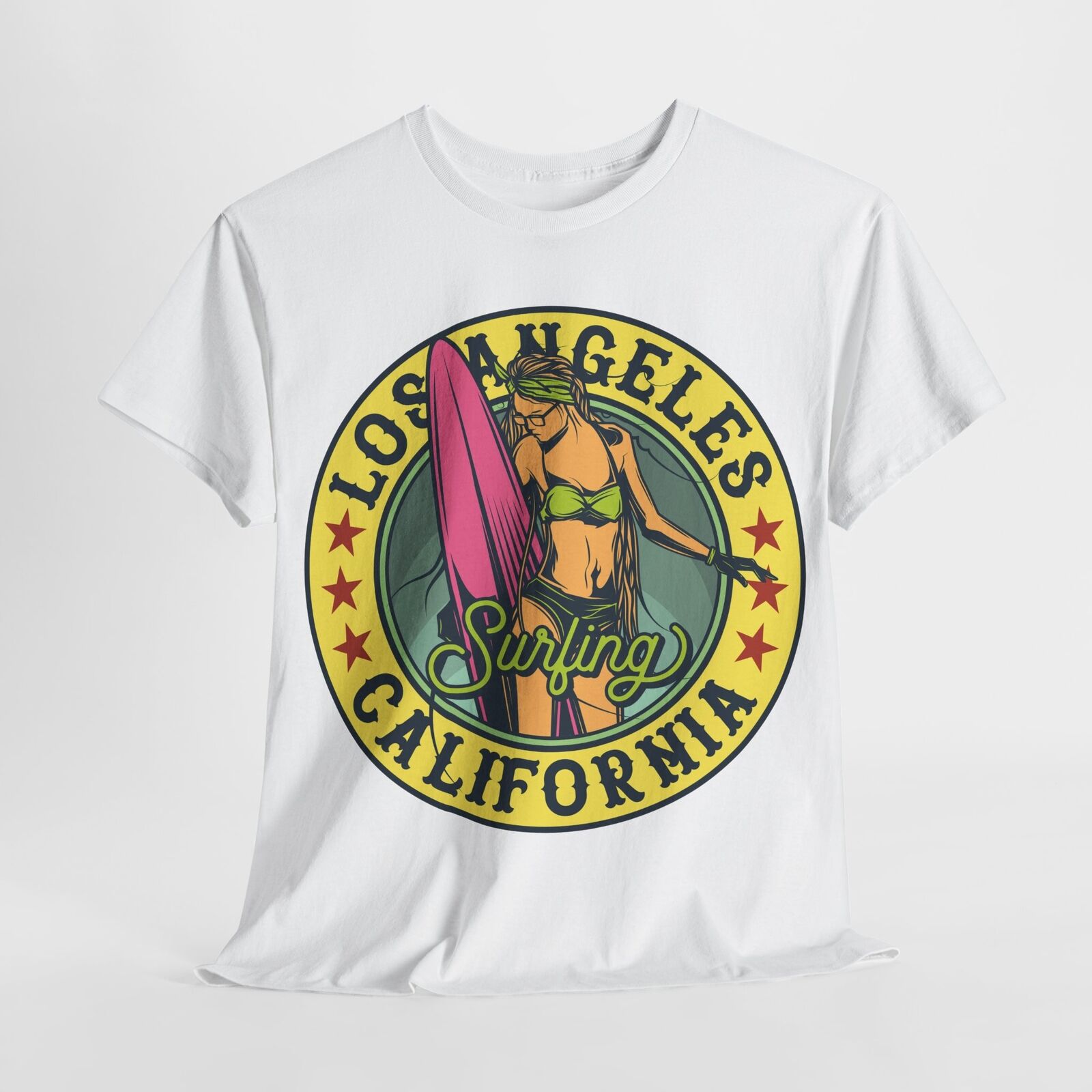 Men's T-Shirt with Vintage Los Angeles Surfing Design, Yellow Graphic Art Print