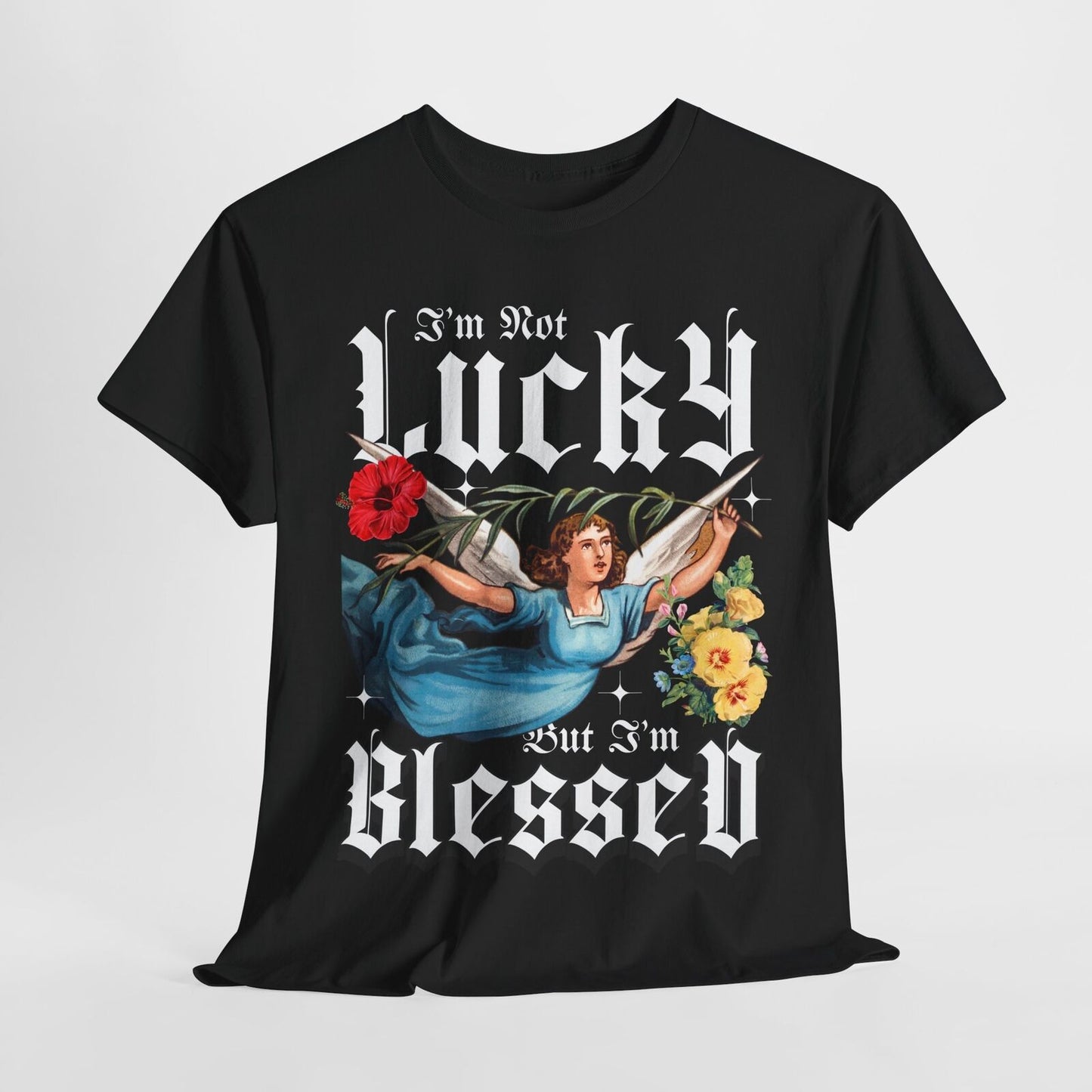 Vintage Mens T-Shirt "I'm Not Lucky But I'm Blessed" with Angel Design & Florals