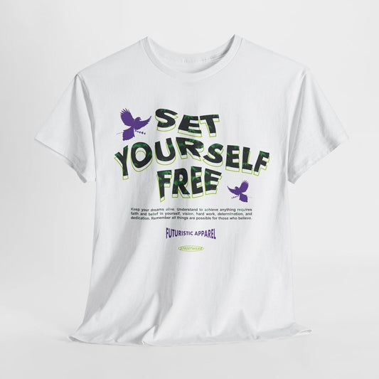 Empowering Set Yourself Free Graphic T-Shirt with Vibrant Leaf Design & Bird Art