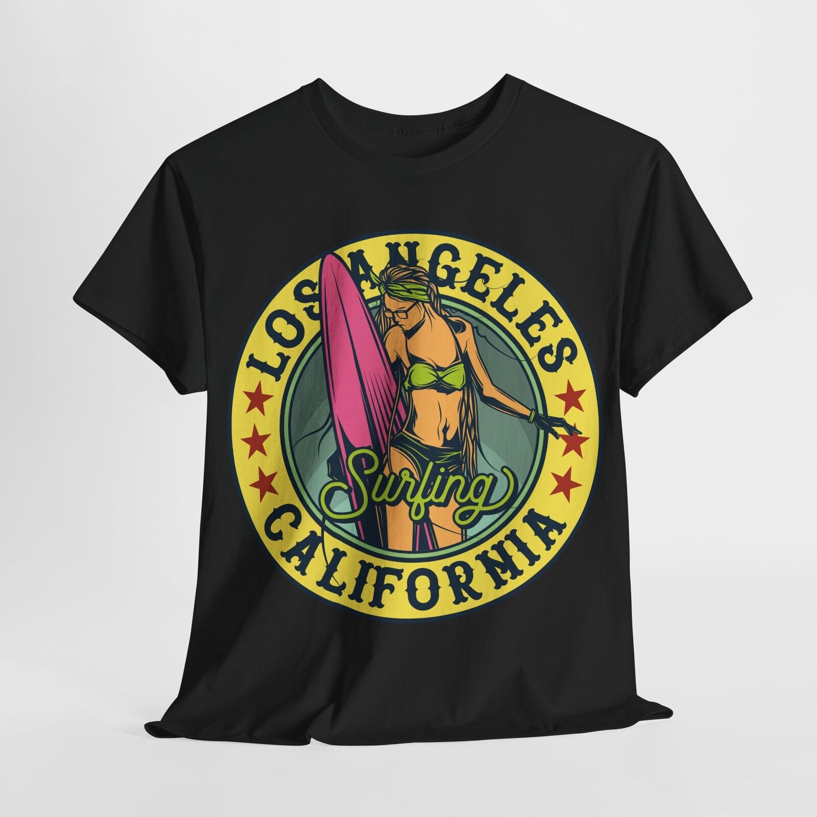 Men's T-Shirt with Vintage Los Angeles Surfing Design, Yellow Graphic Art Print